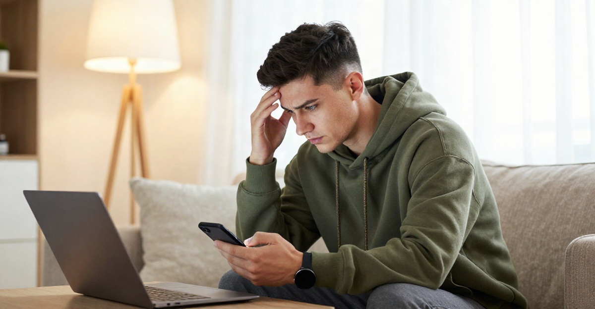 Мужчина в худи на диване с телефоном в руке и забытый ноутбук на столе — контраст стабильного десктопа и проблем мобильного входа